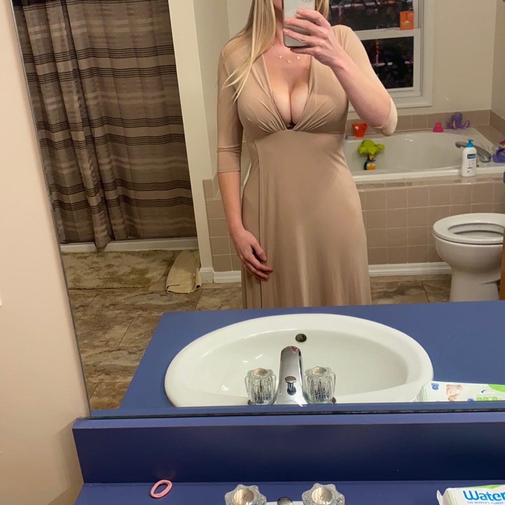 Nude low cut maxi dress with slit